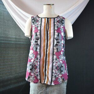 Mossimo Sleeveless Tank Shirt Top Purple Floral Striped Accent Back Zip Size L